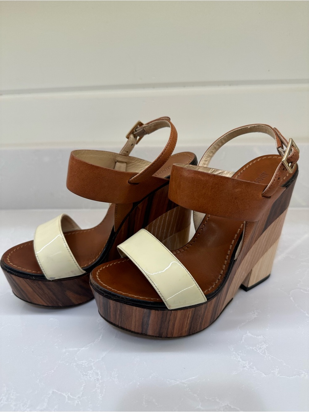 Jimmy Choo Notion Tri-Color Wooden Wedge Sandals. Size: